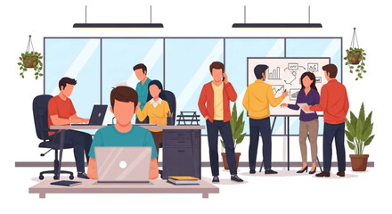 A dynamic office environment showcases a diverse team of professionals actively collaborating on projects and engaging in productive discussions.