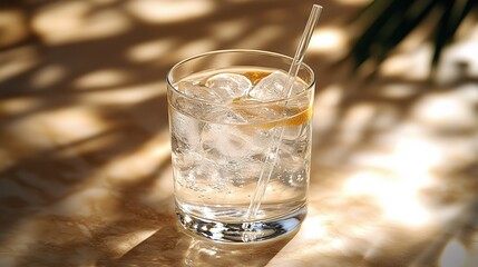 Crisp Iced Cocktail with Lemon and Glass Straw in Dappled Golden Light