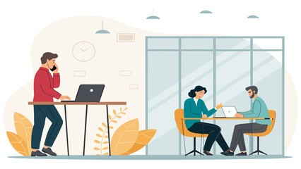 Fototapeta premium Dynamic professionals engage in a modern office, handling phone calls, working on laptops, and collaborating in productive business discussions.