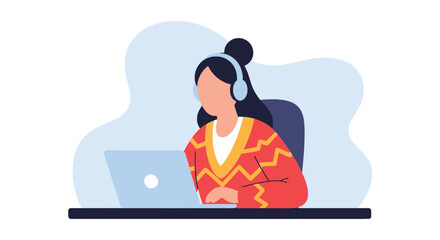 A contemporary flat illustration shows a woman with headphones focused on her laptop, representing concepts of online education or remote work.