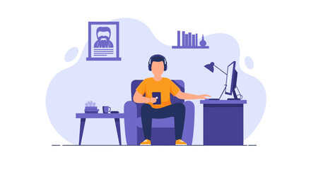 A relaxed individual enjoys digital entertainment on a smartphone with headphones, comfortably seated in an armchair within a modern home setting.