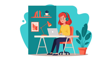 A focused young woman with red hair wearing headphones diligently works on her laptop at a modern desk in a comfortable home office setting.