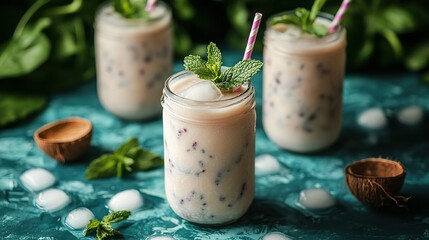 Refreshing Berry Smoothie with Mint and Ice, Served in Mason Jars