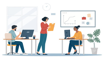 Diverse professionals collaborate in a modern, bright office space, engaging in teamwork and efficient business operations with digital tools.