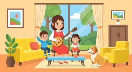 A happy mother plays a ukulele for her two cheerful children and their beloved pet dog in a bright, comfortable living room, sharing a joyful family moment.