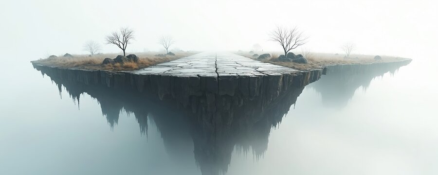 Surreal floating road over rocky landscape. Minimalist, ethereal design with cracked asphalt path, dry grass, bare trees, and fog. Sense of wonder, mystery, and freedom. - Powered by Adobe