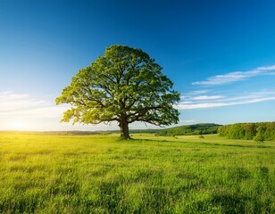 Obraz premium lonely tree old oak growing on a green meadow beautiful sunny summer landscape