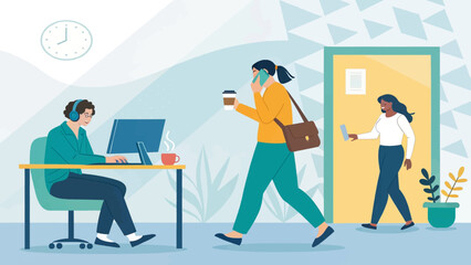 A vibrant illustration captures the dynamic energy of a modern office, showcasing diverse professionals engaged in their daily tasks and collaborative work environment.