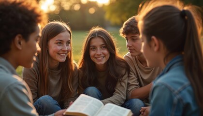 Group of teenagers engage in lively discussion around Bible passage during youth group meeting outdoors. Diverse friends share spiritual insights, fostering connection, mutual encouragement in warm,