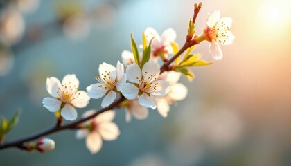 Fototapeta premium Delicate white spring blossoms unfurl on branch bathed in soft sunlight. Tiny green leaves, buds surround blooms. Background displays serene bokeh effect with soft blue, warm orange hues, creating