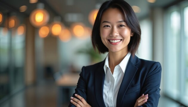 Smiling Asian businesswoman with short dark hair, arms crossed, wearing dark blue blazer, white shirt. Confidently poses in modern office lobby, exuding professionalism, leadership. Represents