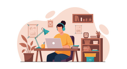 An illustration depicts a focused individual working remotely on a laptop at a comfortable home office desk, embracing the modern digital lifestyle.