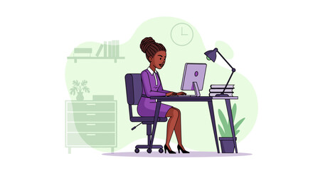 An elegant African American professional woman is diligently working on her computer at a stylish office desk, embodying productivity and focus.