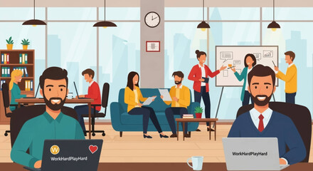 Diverse team collaborating and brainstorming ideas in a modern, bright office environment with windows and plants.