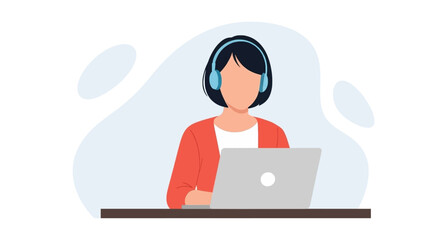 A woman with headphones working on a laptop in a modern office setting, representing remote work and customer service.