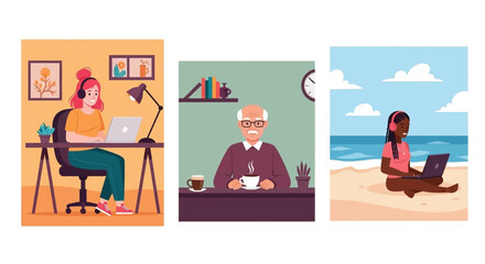 Diverse individuals working remotely on laptops in different environments, showcasing modern work flexibility and technology.