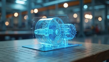 Futuristic holographic turbine design floats in modern factory setting. Blue light projection detailed engineering, advanced manufacturing concepts. Digital visualization represents cutting-edge