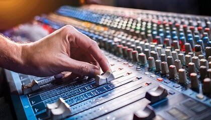 close up of hand adjusting audio mixer controls in studio