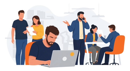 Diverse group of professionals collaborating and working together in a modern office environment, fostering teamwork and productivity.