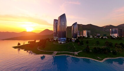 Obraz premium Futuristic city at sunset overlooking a lake