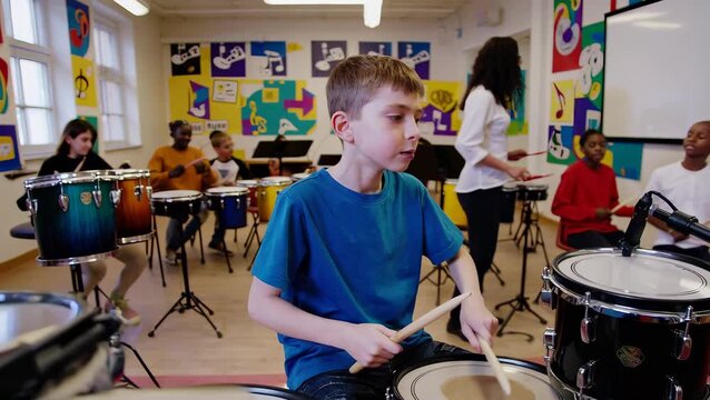 Diverse Children Engaged in a Classroom Drum Lesson