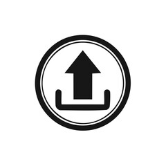 Black and white upload icon inside a circle, data transfer symbol