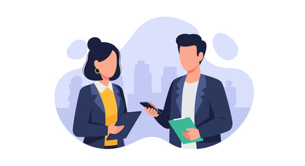 Two professional colleagues, a man and a woman, engage in a focused business discussion, exchanging ideas and information in a modern corporate setting.