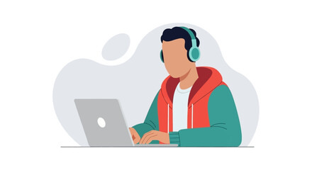 A focused individual wearing headphones is actively engaged in remote work or online learning, typing diligently on a laptop computer.
