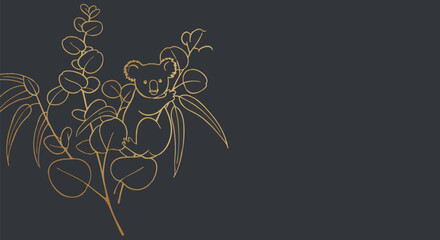 Elegant gold line art illustration of a cute koala bear resting on a eucalyptus branch against a dark background. © omar bonyan