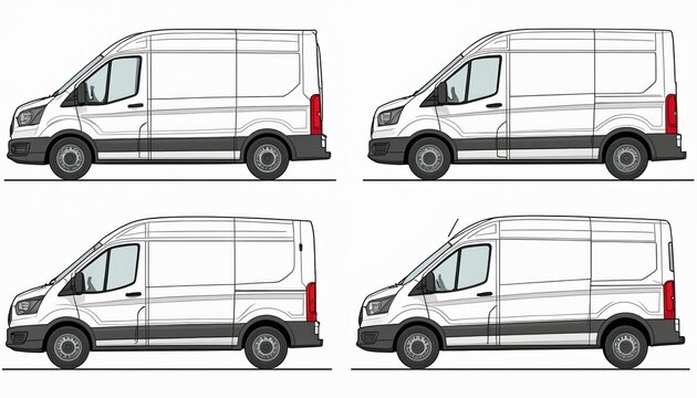 Set of minivan blueprints showing front side, rear views. Commercial van mockups perfect for business branding, advertising, marketing. Black, white line art template for automotive design, logistics
