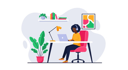 A focused woman with headphones works diligently on her laptop at a modern home office desk, surrounded by plants and vibrant decor, embodying remote productivity.
