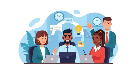 A diverse group of professionals actively collaborates during a productive business meeting, brainstorming innovative ideas and strategizing for success.