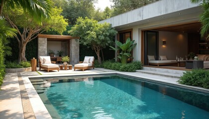 Fototapeta premium Luxurious outdoor lounge area near sparkling pool. Elegant design with plants, modern decor. Comfortable chairs for relaxation. Scene of peaceful retreat, perfect for vacation, enjoyment, leisure.
