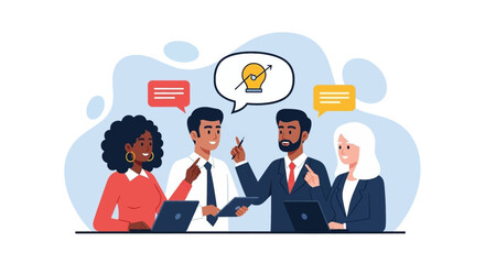 A diverse business team collaborates effectively, sharing innovative ideas and brainstorming solutions during a productive meeting session, fostering growth.