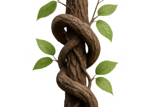 Liana spiraling around tree trunk with transparent background
