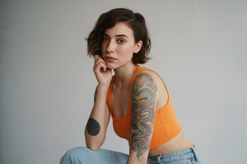 A medium close-up shot of a young woman with short dark brown hair and a tattoo sleeve on her right arm. 