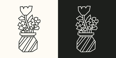 Potted Flowers Icon in Black and White Line Art with a Cutout Effect
