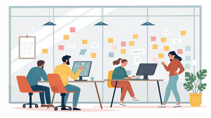 A diverse team of professionals collaborates in a vibrant, contemporary open-plan office setting, utilizing technology for productive work sessions.