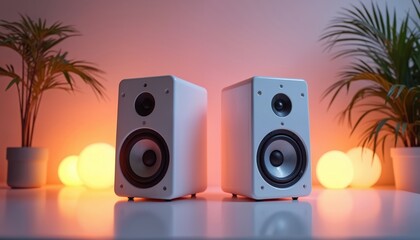 Modern white audio speakers flank glowing spherical lamps in room with ambient orange, pink lighting. Two houseplants add natural elements to contemporary minimalist interior design. Setup creates
