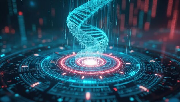 Abstract futuristic digital visualization shows glowing DNA helix structure over complex cybernetic interface. Data stream, binary code, AI processing, quantum computing innovation, virtual network