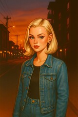Pin-Up Retro Illustration Art Woman in Denim at Urban Street