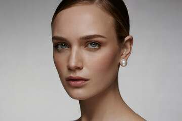 Naklejka premium A professional beauty portrait photograph against a plain light gray background. The subject has fair skin, blue eyes, and dark brown hair pulled back sleekly.