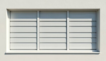 Fototapeta premium Modern white window with horizontal louvers offers privacy, light, ventilation. Clean, minimalist design suits contemporary architecture, building facades. Window frame simple, enhancing overall