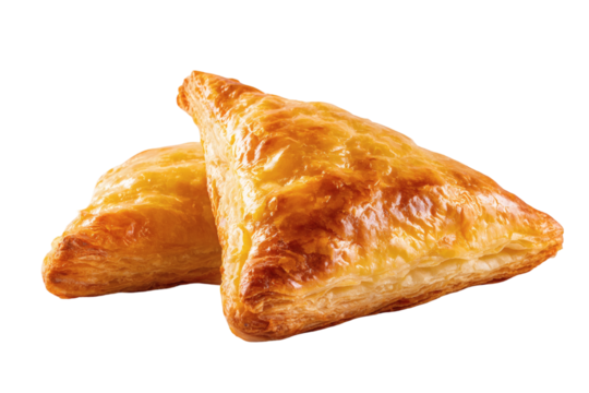 Golden flaky pastry triangles baked to perfection, ideal for bakery displays, culinary blogs, or advertising delicious baked goods with an irresistible golden-brown crust.