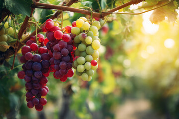Fresh bunch of grapes hanging from vine in sun-drenched vineyard