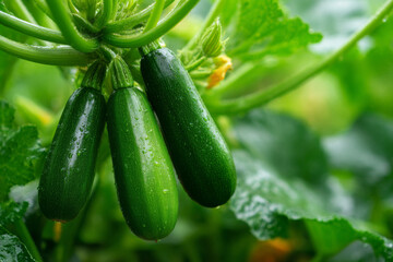 Fresh zucchinis growing on vine with lush green leaves