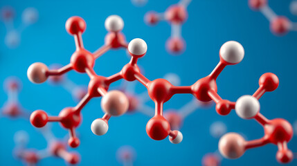 3d rendering of the chemical structure with molecules on blue background, macro view, close-up.