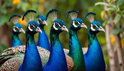Close-up of peacocks in a garden setting