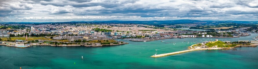 Panorama of Plymouth from drone, Mount Batten Tower, Devon, England, Europe