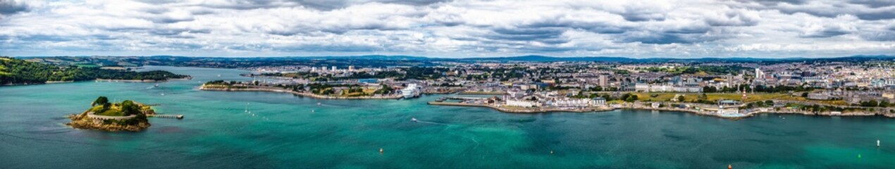 Panorama of Plymouth from drone, Mount Batten Tower, Devon, England, Europe